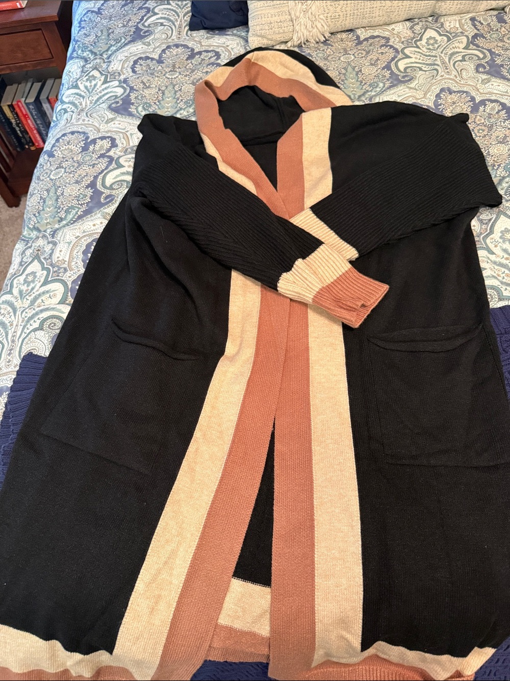 Black Hooded Cardigan with Tan and Rust Trim
